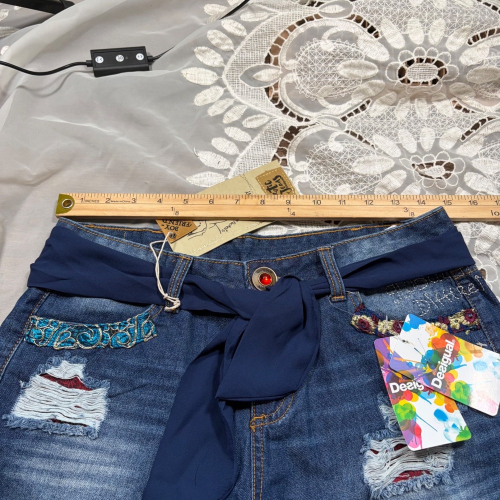 RARE Deadstock Y2K Desigual Exotic Denim Shorts Embroidered Sash Belt 28 NWT - Picture 7 of 8
